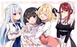  4girls :d ^^^ ^_^ anisphia_wynn_palettia black_bow black_dress black_hair blonde_hair blue_skirt blush bow braid breasts brown_eyes closed_eyes closed_mouth commentary_request crown_braid dress euphyllia_magenta eyes_visible_through_hair flower frilled_skirt frilled_sleeves frills grey_hair hair_between_eyes hair_flower hair_ornament hair_over_one_eye hairbow hat highres hug hug_from_behind ilia_coral jacket juliet_sleeves kisaragi_yuri lainie_cyan long_sleeves maid medium_breasts mob_cap multiple_girls official_art open_mouth pink_skirt puffy_sleeves purple_eyes shirt skirt smile striped striped_bow surprised tensei_oujo_to_tensai_reijou_no_mahou_kakumei translated two_side_up white_dress white_flower white_headwear white_jacket white_shirt yellow_bow 