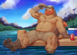  2023 4_toes absurd_res adios anthro baseball_cap beard belly biceps bottomwear canid canine canis claws clothed clothing coca-cola cooler detailed_background domestic_dog facial_hair feet grin hat headgear headwear hi_res male mammal manly mountain musclegut muscular muscular_legs navel nipples outside partially_submerged pecs pier shorts sitting sky skyscape slightly_chubby smile toes topless topless_male triceps 