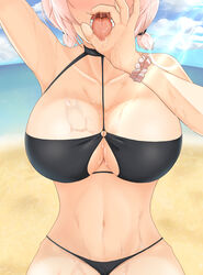  absurdres azur_lane bikini black_bikini blurry blurry_background breasts day female head_out_of_frame highres huge_breasts leo_(dyuminas) lower_teeth_only o-ring o-ring_top official_alternate_costume open_mouth oral_invitation outdoors pink_hair saliva scrunchie short_hair sirius_(azur_lane) sirius_(scorching-hot_seirios)_(azur_lane) solo suggestive_fluid summer swimsuit teeth tongue wet white_scrunchie wrist_scrunchie 