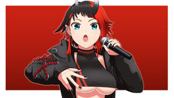  black_hair black_jacket black_nails black_sports_bra blue_eyes breasts chains commentary_request demon_girl demon_horns ear_chain ear_piercing female highres holding holding_microphone horns jacket large_breasts long_sleeves looking_at_viewer manjuuumauma microphone multicolored_hair nanashi_inc. open_clothes open_jacket open_mouth piercing pointy_ears red_background red_hair red_sports_bra ryugasaki_rene ryugasaki_rene_(1st_costume) short_hair solo sports_bra sugar_lyric two-tone_hair underboob upper_body virtual_youtuber white_background zipper 