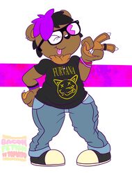  absurd_res anthro baconfetish&#039;ntomato band_merch bear bottomwear claws clothed clothing denim denim_bottomwear denim_clothing ear_piercing eyewear femboy footwear fur gavin_pearson gesture glasses graphic_tee hair hand_gesture hi_res jeans looking_at_viewer male mammal nirvana one_eye_closed pants piercing pink_eyes purple_hair shoes slightly_chubby slightly_chubby_anthro slightly_chubby_male sneakers solo thick_thighs tongue tongue_out v_sign wide_hips wink winking_at_viewer 