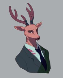  1boy absurdres antlers beastars black_necktie brown_eyes deer deer_boy formal furry furry_male grey_background highres horns kuroha_dayo louis_(beastars) male_focus necktie simple_background solo suit upper_body 