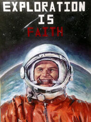  1boy absurdres akalinxing_konggejun astronaut blue_eyes earth_(planet) english_text highres jacket male_focus orange_jacket orange_shirt planet poster_(medium) real_life realistic shirt shooting_star smile solo soviet space space_helmet star_(sky) upper_body yuri_gagarin 