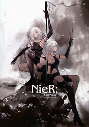  2girls a2_(nier:automata) absurdres android armlet black_gloves black_legwear black_shorts black_tank_top blackcat_enjia chromatic_aberration clone closed_mouth commentary_request copyright_name dual_persona elbow_gloves falling_petals flower gloves grey_eyes hair_over_one_eye high_heels highres joints long_hair mole mole_under_mouth multiple_girls nier:automata nier_(series) petals pod_(nier:automata) post-apocalypse robot_joints short_hair shorts single_thighhigh sword tank_top thighhighs torn_clothes torn_thighhighs weapon white_hair 