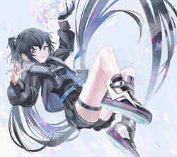  :d arm_up black_footwear black_gloves black_hair black_jacket black_shirt black_shorts black_skirt black_socks blue_eyes breasts commentary_request female gloves hair_between_eyes highres holding jacket kamitsubaki_studio koko_(kamitsubaki_studio) long_hair long_sleeves looking_at_viewer official_art open_clothes open_jacket pleated_skirt ponytail puffy_long_sleeves puffy_sleeves shirt shoe_soles short_shorts shorts shorts_under_skirt single_glove skirt small_breasts smile socks solo swav very_long_hair virtual_youtuber 