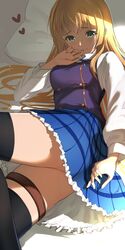  absurdres aiu_eo anne_(shingeki_no_bahamut) bad_id bad_twitter_id blonde_hair female granblue_fantasy green_eyes highres long_hair long_sleeves looking_at_viewer pillow skirt solo thighhighs 