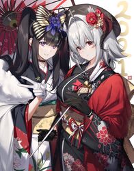  2021 2girls arrow_(projectile) azur_lane black_choker black_gloves black_hair blush breasts choker cross diffraction_spikes dore_(gilles_dore) ema floral_print glint gloves grey_hair hair_ornament hamaya hat head_tilt highres holding holding_arrow horns iron_cross japanese_clothes kimono large_breasts long_hair long_sleeves looking_at_viewer multiple_girls nuernberg_(azur_lane) obi oil-paper_umbrella parted_lips peter_strasser_(azur_lane) purple_eyes red_eyes sash smile star_(symbol) star_hair_ornament twintails umbrella very_long_hair w white_gloves wide_sleeves 