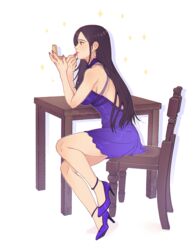  bad_id bad_twitter_id bare_back bare_shoulders black_hair blue_dress breasts brown_hair chair cosmetics desk dress earrings female final_fantasy final_fantasy_vii final_fantasy_vii_remake high_heels holding jewelry large_breasts legs lipstick lipstick_tube long_hair looking_at_mirror makeup mirror nail_polish official_alternate_costume pudelmudel red_eyes sitting sleeveless sleeveless_dress solo sparkle_background tifa_lockhart tifa_lockhart_(refined_dress) white_background 