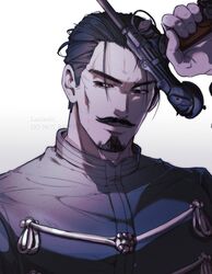  1boy black_eyes black_hair borchardt_c-93 commentary english_commentary facial_hair goatee golden_kamuy gun hair_slicked_back handgun highres holding holding_gun holding_weapon imperial_japanese_army jacket laulaubi long_sleeves looking_at_viewer looking_to_the_side male_focus military military_uniform moustache short_hair sideways_glance smile solo tsurumi_tokushirou uniform upper_body weapon white_background 