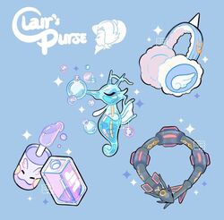  alternate_color blue_background bottle bubble character_name clair_(pokemon) commentary earmuffs goomy kingdra leaphere liquid pokemon pokemon_gsc rayquaza shiny_pokemon sparkle themed_object watermark 