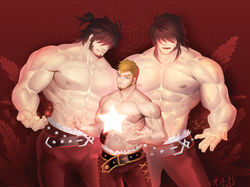  3boys abs bara covered_eyes highres large_pectorals lrpanda00 male_focus mature_male multiple_boys muscular muscular_male navel nipples original pectorals smile stomach topless_male 