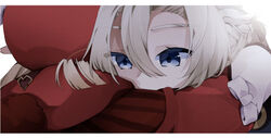  albedo_(genshin_impact) brown_gloves coat commentary_request female genshin_impact gloves grey_eyes hair_between_eyes highres hood hooded_coat hug klee_(genshin_impact) light_brown_hair long_hair long_sleeves looking_at_viewer low_twintails red_coat red_headwear sidelocks simple_background twintails usako_(usako1031) white_background 