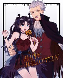  1boy archer_(fate) bad_id bad_twitter_id bat_hair_ornament black_hair black_ribbon blue_eyes blue_flower cape choker collarbone commentary_request cowboy_shot dark_skin dress fangs fate/stay_night fate_(series) female flower grey_hair hair_ornament halloween halloween_costume hand_on_own_hip hands_up highres hover_hand jack-o&#039;-lantern long_hair looking_at_viewer nail_polish open_mouth red_cape red_dress red_nails red_vest ribbon shimatori_(sanyyyy) tohsaka_rin torn_cape torn_clothes two-sided_cape two-sided_fabric two_side_up vampire_costume vest white_background 