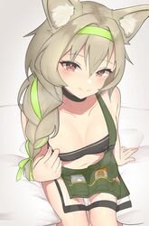  absurdres aoi_mochio apron areola_slip arknights bandeau beanstalk_(arknights) braid breasts brown_eyes brown_hair collarbone female from_above green_apron green_hairband hair_between_eyes hair_intakes hairband highres hyena_ears hyena_girl navel side_braid single_braid sitting small_breasts smile solo strapless tube_top 