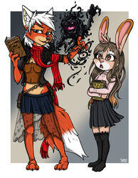  3_toes 4_fingers anthro bad_guy_cafe blue_eyes book bottomwear brown_eyes brown_hair canid canine clothing duo feet female fingers fox fur hair hi_res lagomorph leporid magic mammal midriff ocerydia_zoona orange_body orange_fur rabbit red_scarf rule_63 scarf skirt sorcery tan_body tan_fur toes white_body white_fur white_hair ziegelzeig ziegelzeig_zoona 