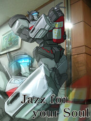  assault_visor autobot cosmikaizer english_commentary english_text fire_extinguisher headlight highres holding image_macro_(meme) jazz_(transformers) jazz_for_your_soul_(meme) leaning_back mecha meme name_connection no_humans parody photo_background projected_inset pun robot standing three_quarter_view too_literal transformers transformers:_generation_1 what wheel 