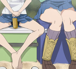  2girls barefoot black_hair black_panties blue_skirt bottle brown_eyes brown_hair haruyama_kazunori houkago_teibou_nisshi kuroiwa_yuuki legs multiple_girls oono_makoto panties sitting skirt underwear 