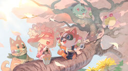  :d baby_raccoon_ponpoko bandana black_eyes bulbasaur canine cherrim closed_eyes commentary_request covered_eyes crossover dango drum dual_wielding duel_masters duel_monster eating faerie_life female flower food furret green_bandana hair_flower hair_ornament hair_over_eyes holding in_tree instrument japanese_clothes kuroha_dayo mouth_hold onigiri outdoors petals pink_hair pokemon pokemon_(creature) red_eyes shiba-warrior_taro short_hair sitting smile sunlight tree wagashi white_legwear yu-gi-oh! 