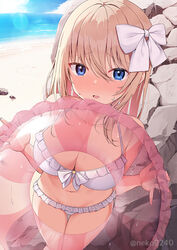  beach bikini blonde_hair blue_eyes blush breasts cleavage female hair_ribbon halterneck innertube large_breasts looking_at_viewer nekokobushi ocean original outdoors ribbon solo swim_ring swimsuit white_bikini white_ribbon 