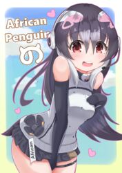  absurdres african_penguin_(kemono_friends) animal_ears black_eyes black_gloves black_hair darus5 female gloves highres kemono_friends kemono_friends_v_project long_hair looking_at_viewer multicolored_hair necktie shirt shoes simple_background skirt smile solo tail virtual_youtuber white_shirt 