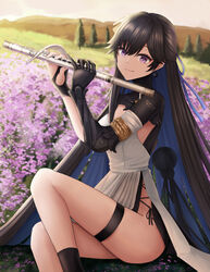  absurdres armlet black_hair blue_hair closed_mouth colored_inner_hair dress earrings female flute hair_between_eyes hair_ribbon highres hivern instrument jewelry long_hair mechanical_arms multicolored_hair no_panties punishing:_gray_raven purple_eyes ribbon selena:_capriccio_(punishing:_gray_raven) selena_(punishing:_gray_raven) single_mechanical_arm solo thigh_strap thighs very_long_hair white_dress 