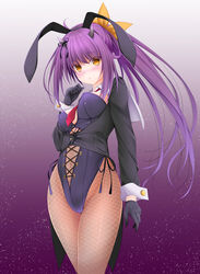  :o ahoge alternate_costume animal_costume animal_ears arm_up azur_lane black_gloves black_jacket black_ribbon blazer blush breasts cleavage clenched_hand collar commentary_request covered_navel covered_nipples cowboy_shot crop_top female formal gloves hair_between_eyes hair_ornament hair_ribbon hand_up horns isuzu_(azur_lane) isuzu_(retrofit)_(azur_lane) jacket long_hair long_jacket long_sleeves looking_at_viewer medium_breasts midriff midriff_peek navel necktie pantyhose parted_lips playboy_bunny purple_background purple_hair purple_suit rabbit_ears red_necktie ribbon sidelocks simple_background solo standing suit thighs tomosuke white_collar wide_sleeves yellow_eyes yellow_ribbon 