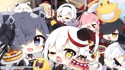  &gt;_&lt; 6+girls aegir_(azur_lane) ahoge apron august_von_parseval_(azur_lane) azur_lane balkenkreuz black_bow black_hair black_horns blue_eyes bow braid breasts cake chibi commentary_request company_name copyright_notice cross curled_horns diamond_(shape) eating feline food fork friedrich_der_grosse_(azur_lane) frilled_apron frills fruit fruit_tart group_picture hair_on_horn hair_over_one_eye holding holding_cake holding_food holding_fork holding_plate horns iron_cross latin_cross light_brown_hair looking_at_viewer mainz_(azur_lane) manjuu_(azur_lane) mechanical_horns medium_hair meowfficer_(azur_lane) multicolored_bow multicolored_hair multicolored_horns multiple_girls muuran odin_(azur_lane) official_art one_eye_closed open_mouth pink_hair plate prinz_rupprecht_(azur_lane) purple_eyes red_bow red_hair red_horns roon_(azur_lane) side_braid strawberry streaked_hair tart_(food) two-tone_hair two-tone_horns waist_apron white_apron white_bow white_cat white_hair yellow_eyes 