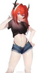  absurdres alternate_costume arknights black_panties black_shirt blue_shorts breasts closed_mouth crop_top cutoffs denim denim_shorts eugle_na female front-tie_top hand_on_own_hip hand_up highleg highleg_panties highres horns large_breasts long_hair looking_at_viewer micro_shorts midriff multi-strapped_panties navel open_fly panties ponytail purple_eyes red_hair shirt short_shorts short_sleeves shorts simple_background smile solo standing stomach string_panties surtr_(arknights) thighs tied_shirt underwear white_background 