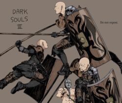  2boys armor ashen_one_(dark_souls_3) ass bald belt black_footwear black_gloves black_pants boots brown_background chains collarbone copyright_name dark_souls_(series) dark_souls_iii gloves helm helmet highres holding holding_polearm holding_shield holding_weapon kamezaemon knee_boots long_sleeves looking_back male_focus multiple_boys pants patches_(from_software) polearm shield simple_background smile spear topless_male tower_shield weapon 