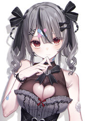  absurdres bandaid bandaid_on_arm bandaid_on_neck belt black_belt black_bow black_dress black_hair black_nails blush bow breasts cleavage cleavage_cutout clothing_cutout dress drill_hair female frilled_dress frills grey_hair hair_ornament hairbow heart_cutout highres hololive kanae_(inorin05kanae) large_breasts looking_at_viewer medium_hair multicolored_hair nail_polish official_alternate_costume official_alternate_hairstyle red_eyes sakamata_chloe sakamata_chloe_(jirai_kei) shadow sleeveless sleeveless_dress solo streaked_hair twin_drills virtual_youtuber white_background x_hair_ornament 