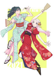  2021 2girls blue_eyes blue_hair blue_kimono byleth_(female)_(fire_emblem) byleth_(fire_emblem) commentary_request edelgard_von_hresvelg fire_emblem fire_emblem:_three_houses floral_print flower food full_body geta hair_ornament hakama hakama_skirt highres japanese_clothes kimono looking_at_viewer multiple_girls obi open_mouth ponytail purple_eyes red_kimono sash skirt smile tabi white_hair wide_sleeves yudepan_(yuri_no_sugata) yukata yuri 