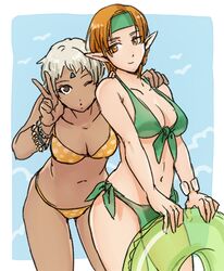  2girls bikini breasts cleavage closed_mouth dark-skinned_female dark_skin facial_mark forehead_mark gensou_suikoden gensou_suikoden_iv green_eyes halterneck headband innertube jewel_(suikoden) jewelry looking_at_viewer lowres medium_breasts multiple_girls navel orange_hair paula_(suikoden) pointy_ears sassa_(cb) short_hair side-tie_bikini_bottom smile string_bikini swim_ring swimsuit v 