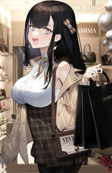  :d bag bare_shoulders black_hair black_pantyhose black_skirt breasts brown_jacket buttons commentary earrings female glint high-waist_skirt highres holding holding_bag indoors jacket jewelry large_breasts long_hair long_sleeves looking_at_viewer mamima off_shoulder open_clothes open_jacket open_mouth original pantyhose plaid plaid_skirt purple_eyes shirt shop shopping_bag shoulder_bag sidelocks skirt smile solo symbol-only_commentary unbuttoned underbust very_long_hair white_shirt 