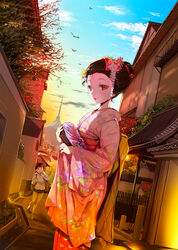  2girls :d absurdres black_hair closed_mouth commentary_request denim denim_shorts floral_print geisha green_footwear hair_bun hair_ornament hair_ribbon hairpin herai_sumire highres jacket japanese_clothes kanzashi kimono kyoto long_sleeves looking_at_another looking_at_viewer maiko-san_chi_no_makanai-san medium_hair mikazuki_akira! multiple_girls nihongami nozuki_kiyo obi outdoors pink_kimono print_kimono red_lips red_ribbon ribbon sash short_hair shorts single_hair_bun smile standing sunset white_jacket wide_sleeves yellow_eyes 