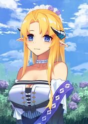  arknights bare_shoulders blonde_hair blue_eyes blue_sky breasts chinese_commentary choker cleavage cloud commentary_request day female flower horns large_breasts leiroken long_hair off-shoulder_shirt off_shoulder official_alternate_costume outdoors pointy_ears purple_flower saileach_(appreciate_fragrance)_(arknights) saileach_(arknights) shirt sky smile solo upper_body white_choker white_shirt 