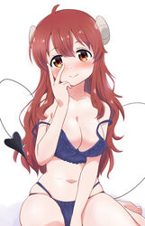  ahoge barefoot bikini blue_bra blue_panties blush bra breasts brown_eyes brown_hair commentary curled_horns demon_girl demon_horns demon_tail fang_out female hand_on_own_face highres horns large_breasts long_hair looking_at_viewer machikado_mazoku mukaibi_aoi navel oerba_yun_fang panties simple_background sitting smile strap_slip swimsuit tail underwear underwear_only white_background yoshida_yuuko_(machikado_mazoku) 