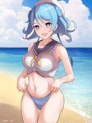  :d absurdres bare_arms beach bikini bikini_bottom_only blue_eyes blue_hair blue_sailor_collar blue_sky braid braided_bun breasts cloud dangan_kurabu day double_bun female hair_bun highres kantai_collection light_blush looking_at_viewer medium_breasts medium_hair navel neckerchief ocean outdoors sailor_collar school_uniform serafuku shirt sky sleeves_rolled_up smile solo swimsuit teeth tied_shirt twitter_username upper_teeth_only urakaze_(kancolle) white_shirt yellow_neckerchief 