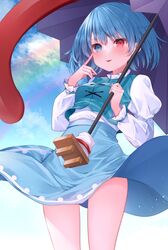  :p absurdres akanbe blue_eyes blue_hair blue_skirt blue_vest breasts cloud cowboy_shot eyelid_pull female from_below geta heterochromia highres holding holding_umbrella juliet_sleeves karakasa_obake komomo_(ptkrx) long_sleeves outdoors puffy_sleeves purple_umbrella rainbow red_eyes shirt short_hair skirt skirt_set small_breasts solo standing tatara_kogasa tongue tongue_out touhou umbrella vest white_shirt 