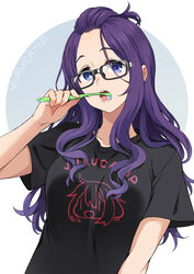  bangs_pinned_back black_shirt blue_eyes brushing_teeth clothes_writing commentary copyright_name female glasses kagamihara_nadeshiko kagamihara_sakura long_hair mirai_denki open_mouth purple_hair rectangular_eyewear shirt simple_background solo t-shirt upper_body yurucamp 