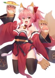  absurdres animal_ear_fluff animal_ears animal_hands bell black_thighhighs breasts cat_paws cleavage collar fangs fate/grand_order fate_(series) female food fox_ears fox_girl fox_tail full_body gloves hair_ribbon highres japanese_clothes jingle_bell jumping kimono large_breasts long_hair looking_at_viewer neck_bell omelet omurice paw_gloves paw_shoes pink_hair ponytail red_kimono red_ribbon ribbon shoes simple_background solo tail tamamo_(fate) tamamo_cat_(fate) tamamo_cat_(first_ascension)_(fate) thighhighs white_background yappe yellow_eyes 