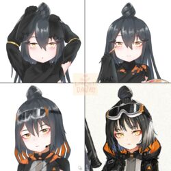  bad_id bad_pixiv_id black_hair caws_(girls&#039;_frontline) commentary_request dandelion_(girls&#039;_frontline) disguise female girls&#039;_frontline goggles goggles_on_head highres knot korean_commentary makeup makeup_brush multiple_views nyto_(girls&#039;_frontline) obsi paradeus yellow_eyes 