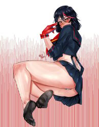  ass black_hair black_serafuku black_socks blush breasts closed_mouth cropped_shirt feet female from_side full_body gloves hair_between_eyes hand_up kill_la_kill large_breasts leaning_to_the_side legs long_sleeves matoi_ryuuko medium_hair midriff mili_leona_orochi miniskirt multicolored_hair neckerchief no-show_socks no_shoes panties red_eyes red_gloves red_hair red_neckerchief school_uniform senketsu serafuku shadow shiny_clothes shiny_skin sidelocks signature skirt smile socks soles solo streaked_hair striped_clothes striped_panties thighs toes underwear 