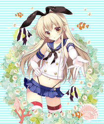  anchor anchor_hair_ornament black_hairband black_panties blonde_hair blue_skirt blush butterflyfish clownfish coral crop_top elbow_gloves female fish gloves hair_ornament hairband highleg highleg_panties innertube kantai_collection lifebuoy long_hair looking_at_viewer microskirt midriff navel outstretched_arm panties reaching reaching_towards_viewer sailor_collar school_uniform shigunyan shimakaze_(kancolle) skirt solo striped_background striped_clothes striped_thighhighs swim_ring thighhighs tropical_fish underwear white_gloves yellow_eyes 