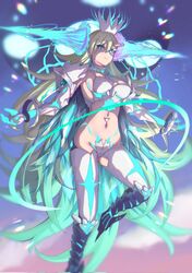  alien braid breasts dark_green_hair fate/grand_order fate_(series) female fur_trim fusion glowing highres horns huge_horns knee_spikes long_braid long_hair long_horns looking_at_viewer olga_marie_animusphere ort_(fate) reijgr_(ff9999x) side_braid single_horn solo type-moon u-olga_marie very_long_hair white_hair 