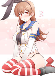  ass_visible_through_thighs black_hairband black_neckerchief black_panties blush breasts brown_eyes brown_hair closed_mouth commentary_request cosplay crop_top elbow_gloves female gloves gradient_background hair_ornament hairband highleg highleg_panties kantai_collection large_breasts long_hair looking_at_viewer md5_mismatch neckerchief no_pants ooi_(kancolle) panties rui_shi_(rayze_ray) sailor_collar school_uniform serafuku shimakaze_(kancolle) shimakaze_(kancolle)_(cosplay) sitting skirt solo spoken_blush striped_clothes striped_thighhighs thighhighs underwear wariza white_gloves 