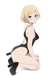  absurdres ass bare_arms bare_legs bare_shoulders black_footwear black_one-piece_swimsuit blonde_hair blue_eyes blush breasts commentary competition_swimsuit coro_fae dot_nose english_commentary female from_side hayasaka_nao high_heels highres kaguya-sama_wa_kokurasetai_~tensai-tachi_no_renai_zunousen~ looking_at_viewer mature_female medium_breasts one-piece_swimsuit paid_reward_available parted_bangs parted_lips platform_footwear shadow short_hair sideboob simple_background socks solo swimsuit thighs turning_head white_background 