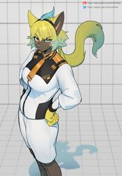  anthro blue_eyes clothed clothing felid female fur generation_7_pokemon gundam hi_res kambo legendary_pokemon mammal mobile_suit_gundam_the_witch_from_mercury nintendo pokemon pokemon_(species) solo text uniform url yellow_body yellow_fur zeraora 