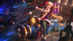  :d ambitious_elf_jinx bad_source bare_shoulders blonde_hair blurry box closed_eyes commentary depth_of_field doll dress dutch_angle english_commentary eyeball female fur_trim gift gift_box gloves gun handgun highres indoors jem_flores jinx_(league_of_legends) league_of_legends long_hair long_pointy_ears mittens open_mouth pantyhose pointy_ears red_dress red_footwear red_gloves riding shelf smile solo strapless strapless_dress striped_clothes striped_pantyhose stuffed_animal stuffed_toy teddy_bear train vertical-striped_clothes vertical-striped_pantyhose very_long_hair weapon window 