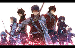  6+boys armor arrow_(projectile) chrom_(fire_emblem) commentary_request dark_persona donnel_(fire_emblem) falchion_(fire_emblem) female fire_emblem fire_emblem_awakening frederick_(fire_emblem) glowing glowing_eyes hat highres letterboxed lon&#039;qu_(fire_emblem) lucina_(fire_emblem) multiple_boys red_eyes ricken_(fire_emblem) sword virion_(fire_emblem) weapon yoshino_natsu 