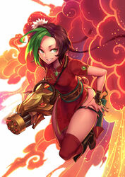  alternate_costume alternate_hair_color alternate_hairstyle between_breasts black_footwear boots breasts brown_hair carrying carrying_under_arm china_dress chinese_clothes chinese_new_year commentary dress explosion eyelashes female firecracker_jinx firecrackers flower full_body gatling_gun gem green_eyes grin gun hair_flower hair_ornament jinx_(league_of_legends) jumping league_of_legends light_particles long_hair looking_at_viewer minigun multicolored_hair oopartz_yang pelvic_curtain red_dress red_thighhighs sash short_dress sideways_glance small_breasts smile smoke smoke_trail solo spread_fingers thigh_strap thighhighs two-tone_hair weapon white_background white_flower 